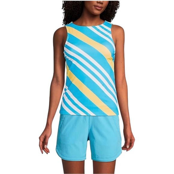 LANDS' END Blue and Yellow Size 10 Chlorine Resistant High Neck Tankini Swim Top - Picture 1 of 12